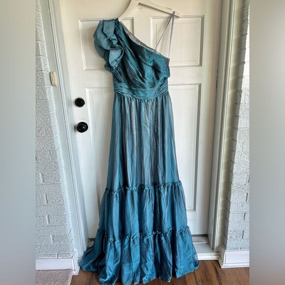 Nwt Mac Duggal Organza One Shoulder Pleated Tiered Ruffle Gown Fusion Blue Dress - Picture 3 of 11